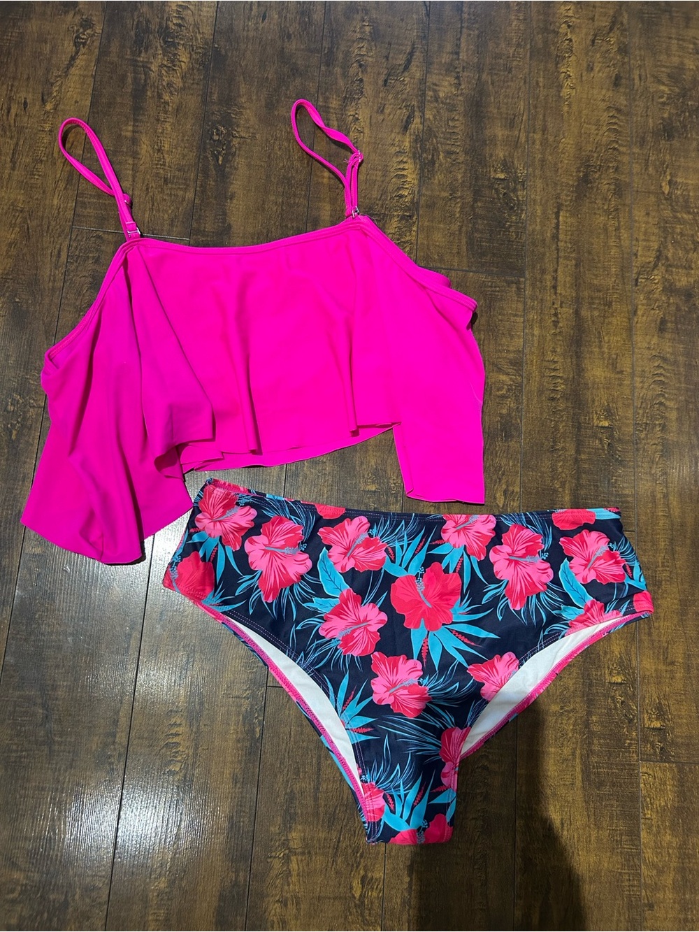 Hot Pink Ruffle Bikini Top with Floral High-Waist Bottom